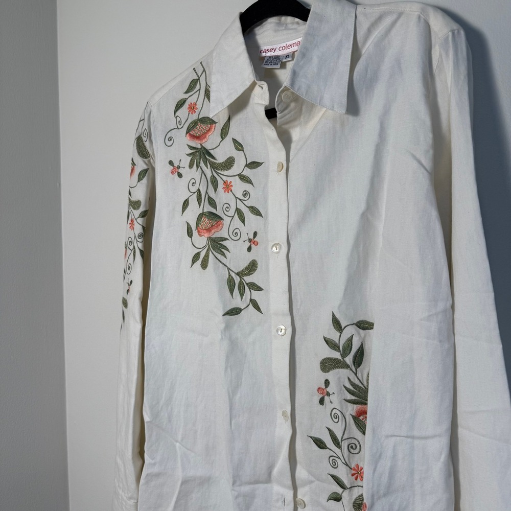 Casey Coleman White Linen Cotton Floral Embroidered Button Shirt XL Cottagecore - Picture 6 of 7